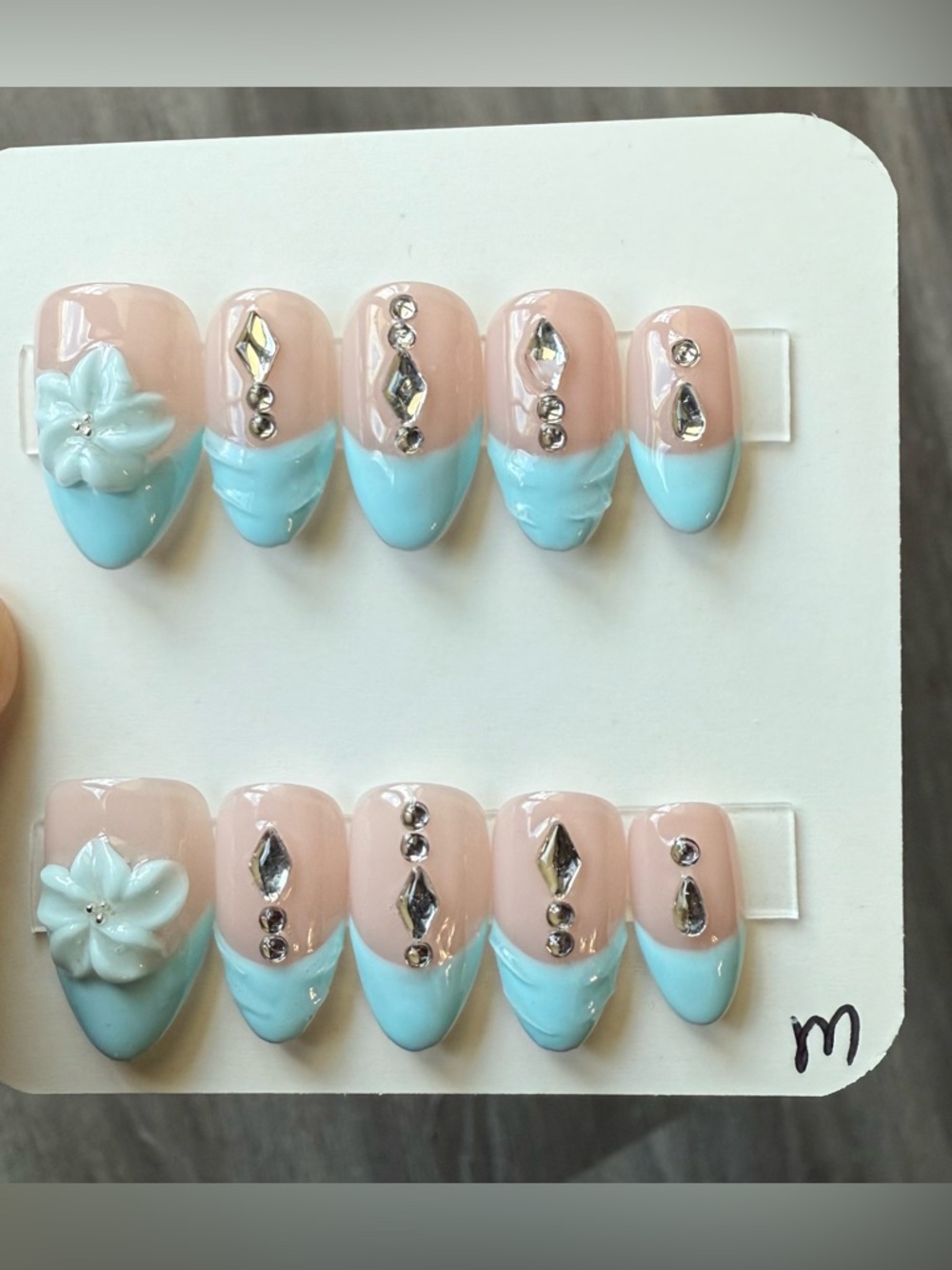 Baby Blue & Nude Rhinestone Floral Press-On Nail Set
